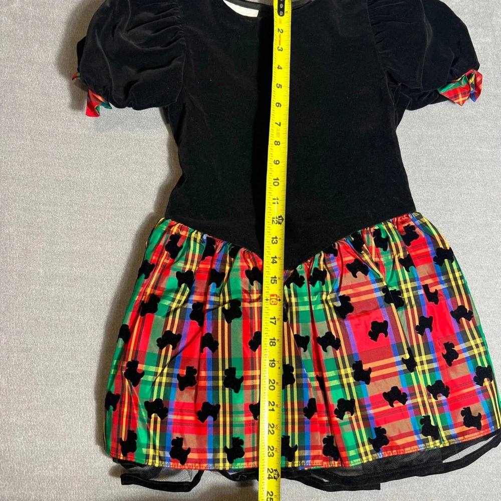 Bonnie Jean Girls Vintage Black Velvet Plaid Scottie Dog Holiday Dress 6 USA 90s